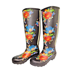 Hunter Mackenzie Childs Black Flower Market Tall Rain Boots sz 5 run large 6